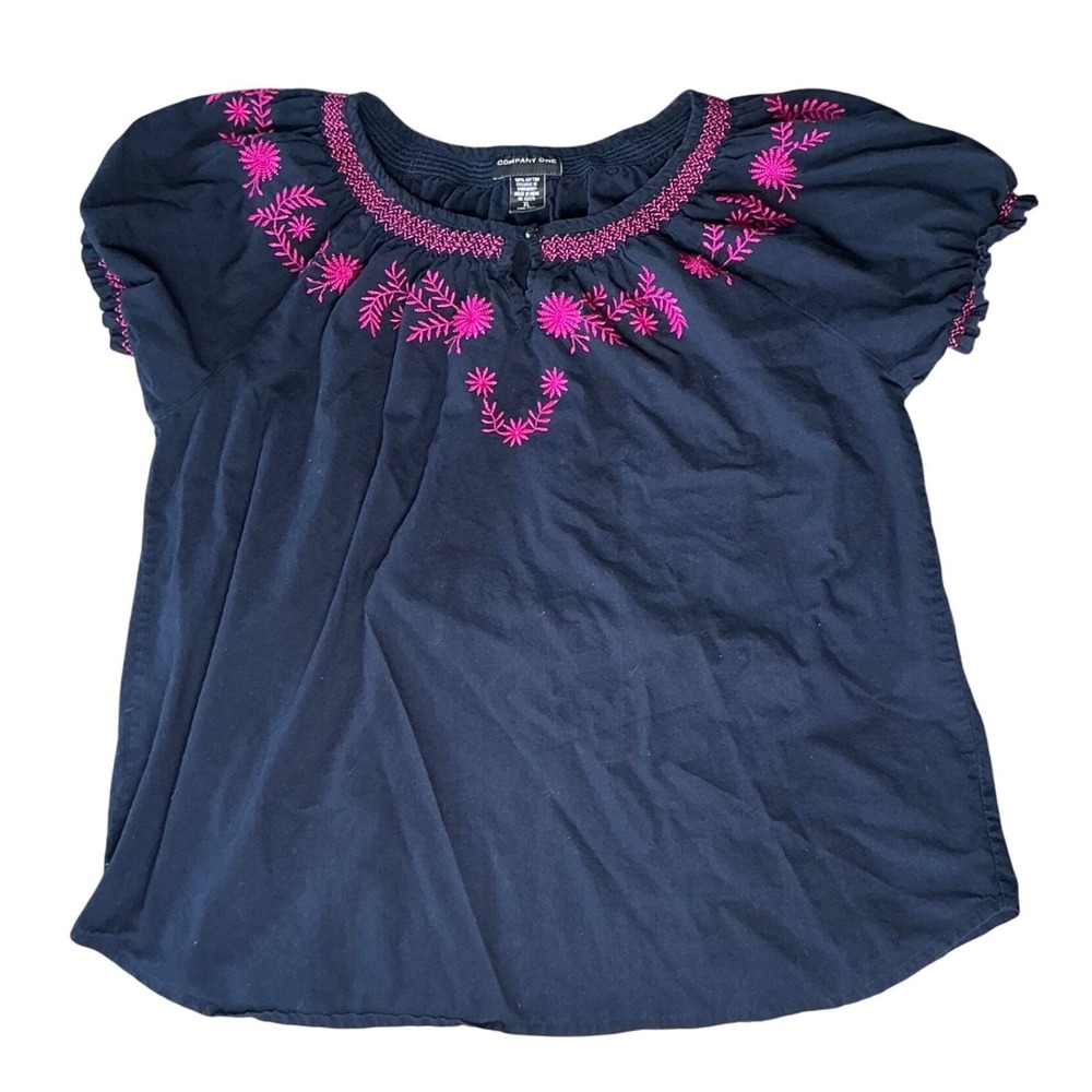 Navy Blue Pink Floral Embroidered Cotton Peasant Blouse XL